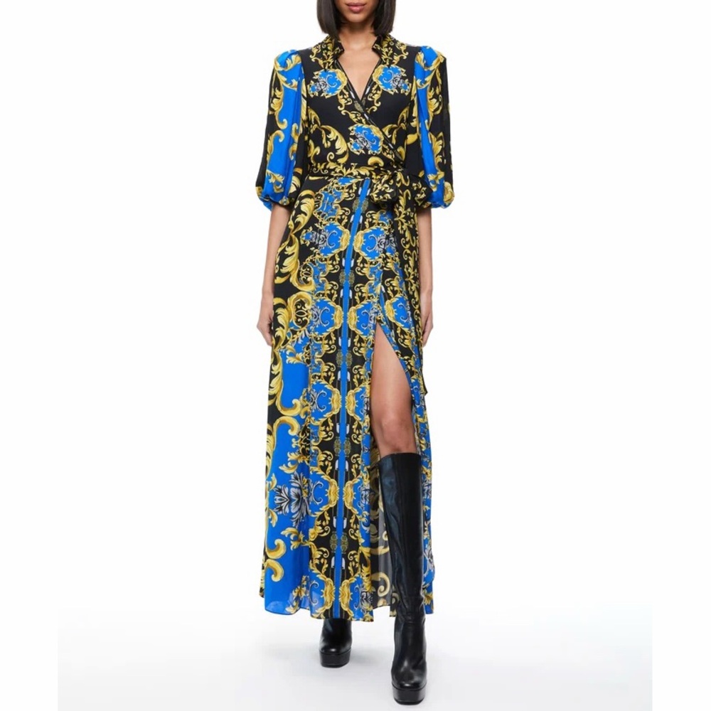 Alice + Olivia Alisa Regal Romance Sapphire Maxi Wrap Dress Blue Floral 10